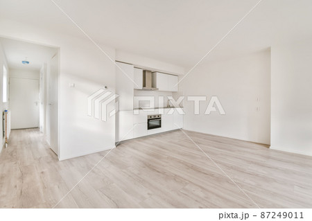 interior of a modern kitchen with white cabinets in an empty room interior of a modern kitchen with white cabinets in an empty room 87249011