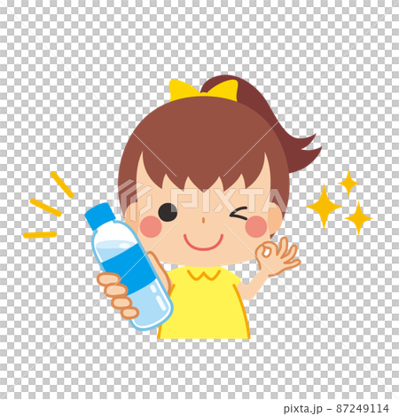 Illustration of a cute little girl who carries water from a plastic bottle to prevent heat stroke. White background clip art 87249114