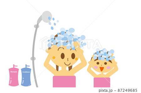 お風呂の時間に仲良く笑顔でシャンプーをする母親と子供のかわいいイラスト 背景シンプルバージョンのイラスト素材