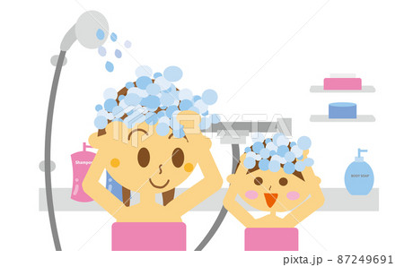 お風呂の時間に仲良く笑顔でシャンプーをする母親と子供のかわいいイラスト 背景ありバージョンのイラスト素材