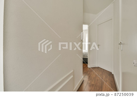 Long narrow corridors in a modern apartment with white doors 87250039