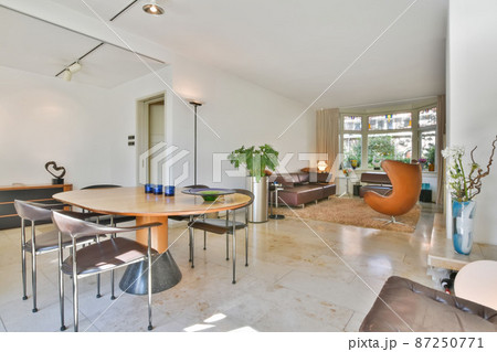 dining area with large table and leather chairs 87250771