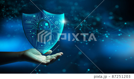 Hand holding Shield with Padlock icon and Network wireframe over blue background abstract. Cyber attack block, Cyber data, and Information privacy Concept. 3D Rendering. Hand holding Shield with Padlock icon and Network wireframe over blue background abstract. Cyber attack block, Cyber data, and Information privacy Concept. 3D Rendering. 87251203