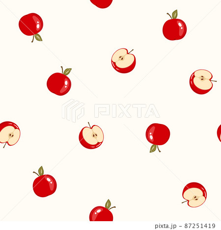 Seamless pattern with apple on white background. Natural delicious fresh tasty fruit. Vector illustration for print, fabric, textile, banner, other design. Stylized apples with leaves. Food concept 87251419