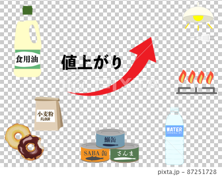 Color illustrations of sets of rising items, cooking oil, flour, canned fish, mineral water, gas, electricity 87251728