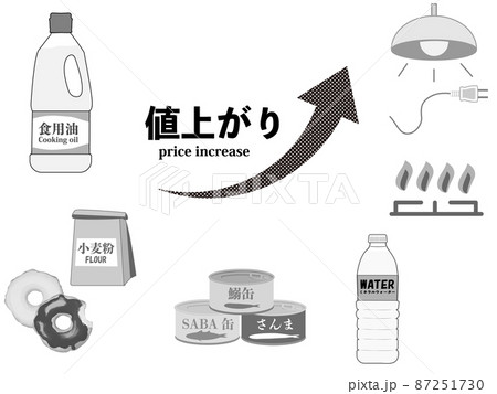 値上がり品目のセットのモノクロイラスト、食用油、小麦粉、魚の缶詰、ミネラルウォーター、ガス、電気 87251730
