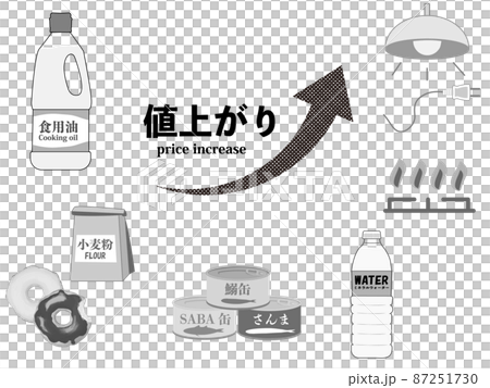 Monochrome illustration of a set of price-increasing items, cooking oil, flour, canned fish, mineral water, gas, electricity 87251730
