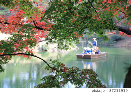 栗林公園南庭、南湖南岸「楓岸」の紅葉と南湖周遊の和舟 栗林公園南庭、南湖南岸「楓岸」の紅葉と南湖周遊の和舟 87251959