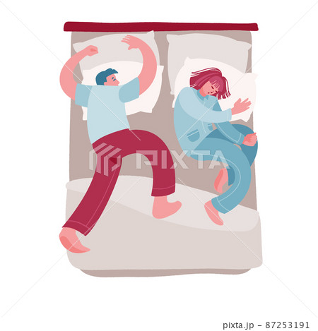 Man and woman sleeping. Young couple nap on linens, pillows and blanket. 87253191