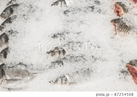 Raw frozen fish cold in ice fresh seafood on the supermarket counter Raw frozen fish cold in ice fresh seafood on the supermarket counter 87254508