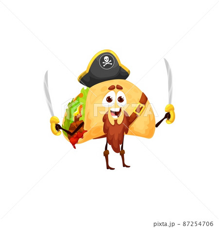 Cartoon mexican tacos pirate personage. Vector corsair fast food character wear captain cocked hat with sabers in hands. Funny filibuster snack, meal of Mexico, tex mex fastfood cafe takeaway dish 87254706