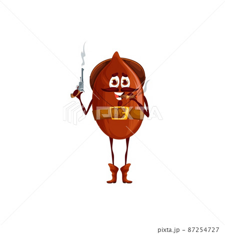Cartoon peanut robber or bandit character. Vector nut cowboy with steaming gun and cigar. Wild west ranger hero wear hat and boots holding pistols. Western healthy food personage, horseman vitamin Cartoon peanut robber or bandit character. Vector nut cowboy with steaming gun and cigar. Wild west ranger hero wear hat and boots holding pistols. Western healthy food personage, horseman vitamin 87254727