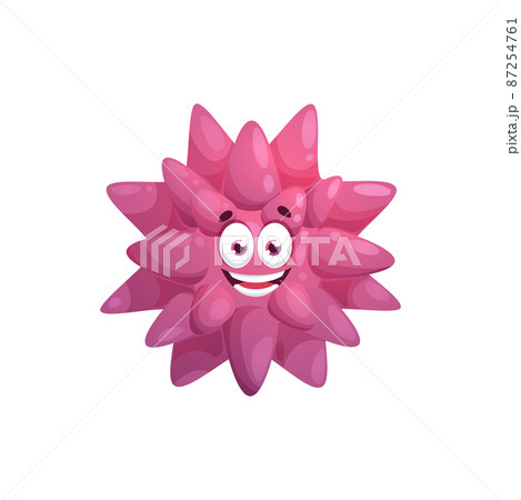 Cartoon purple virus character. Funny microorganism or pathogen vector mascot, pink germ, star shape microbe or disease cell cute isolated character personage with happy smiling face 87254761
