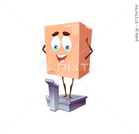 Cartoon package weighing, delivery and shipping. Vector cardboard box personage. Isolated funny parcel character stand on scales, smiling cargo pack. Friendly personage of mail post shipping service Cartoon package weighing, delivery and shipping. Vector cardboard box personage. Isolated funny parcel character stand on scales, smiling cargo pack. Friendly personage of mail post shipping service 87254764