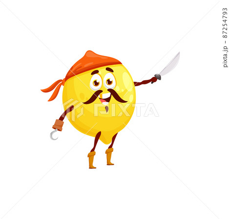 Pirate yellow citrus lemon fruit in bandana with sword and hook on hand isolated cartoon character mascot. Vector juicy lemon, tropical citron, ripe sour fruit pirate in bandana, corsair or buccaneer 87254793
