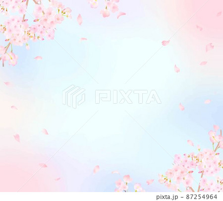 かわいい薄いピンク色の桜の花と花びら春のピンクの壁紙に白いペンキのフレームベクター素材イラスト 87254964