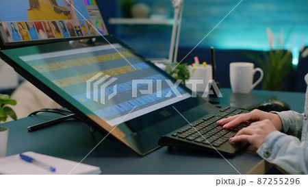 Woman photographer working with editing app on touch screen 87255296