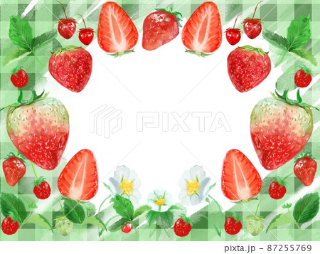 フレッシュな苺と白い花と植物の水彩画フレームカードイラスト 87255769