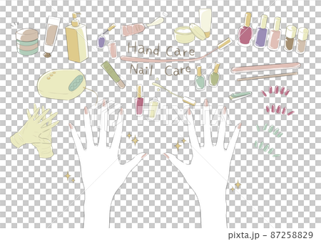 ハンドケアとネイルケアの道具と綺麗な手のイラスト 87258829