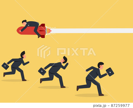 Businessman flying with rocket in different direction. unique way to win business competition Businessman flying with rocket in different direction. unique way to win business competition 87259977