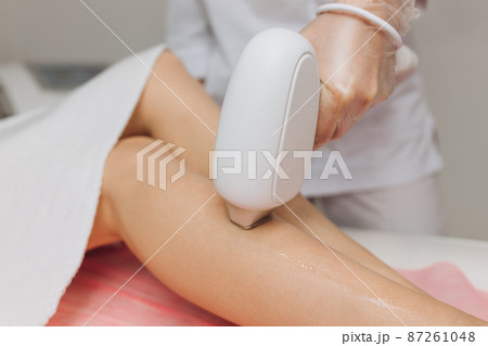 Hair removal on the legs, laser procedure at medical clinic. Beautiful smooth female legs in beauty salon, spa concept. Laser skin care banner 87261048