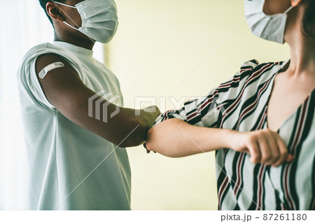 Smiling young people wearing face masks greeting merrily by bumping elbows Smiling young people wearing face masks greeting merrily by bumping elbows 87261180