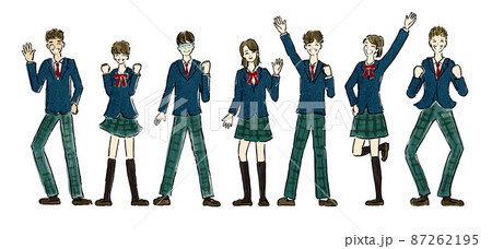 制服を着た学生達7人が喜んでいるイラスト　主線あり 87262195
