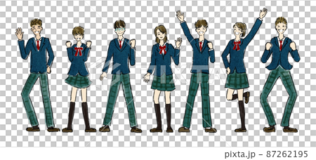 制服を着た学生達7人が喜んでいるイラスト　主線あり 87262195