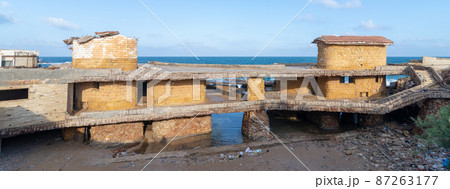 Deteriorated cabin of Egyptian formal president Muhammad Anwar el-Sadat located in Montaza Park, Alexandria, Egypt Deteriorated cabin of Egyptian formal president Muhammad Anwar el-Sadat located in Montaza Park, Alexandria, Egypt 87263177