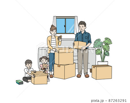 引越しの準備をする家族 親子 荷造り ダンボール イラストのイラスト素材