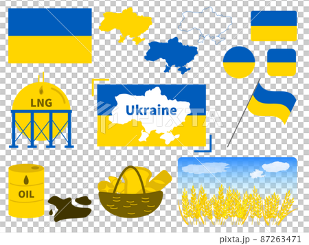烏克蘭主題插圖集、國旗、天然氣、原油、小麥、麵包、地圖 87263471