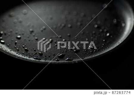 Part of empty cast iron pan of black color with drops of vegetable oil. Close-up. Dark background 87263774