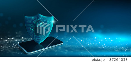 Shield with Padlock icon on smart phone with abstract background. Cyber attack block, Cyber data, and Information privacy Concept. 3D Rendering. 87264033