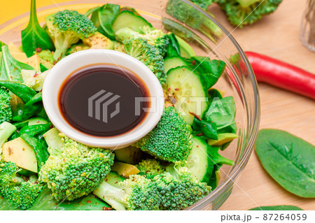 Fresh Green Salad of Avocado, Broccoli, Spinach and Cucumber Fresh Green Salad of Avocado, Broccoli, Spinach and Cucumber 87264059