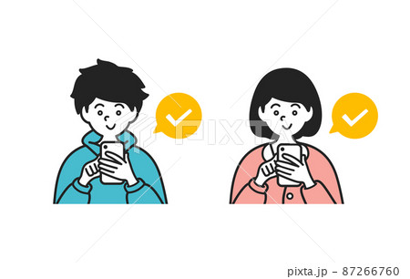 スマートフォンからチェックをタップする若者 スマートフォンからチェックをタップする若者 87266760