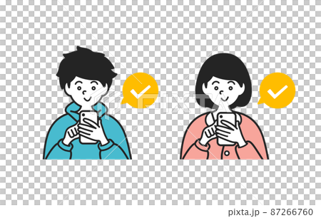 スマートフォンからチェックをタップする若者 スマートフォンからチェックをタップする若者 87266760