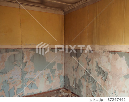 Peeling walls of the room of an old abandoned building. Selective focus Peeling walls of the room of an old abandoned building. Selective focus 87267442