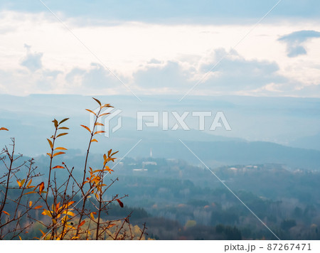 Twigs with yellow foliage against the background of autumn wooded hills in a haze and a cloudy sky. View from mountain heights 87267471
