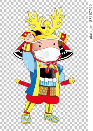 這是一個男孩戴著面具，戴著軍事指揮官的插圖。 87267799