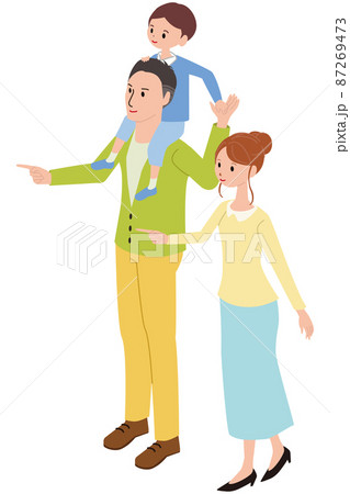 アイソメ 家族 父親に肩車してもらう息子と母親 指差し アイソメ 家族 父親に肩車してもらう息子と母親 指差し 87269473