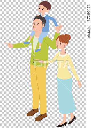 アイソメ 家族 父親に肩車してもらう息子と母親 指差し アイソメ 家族 父親に肩車してもらう息子と母親 指差し 87269473