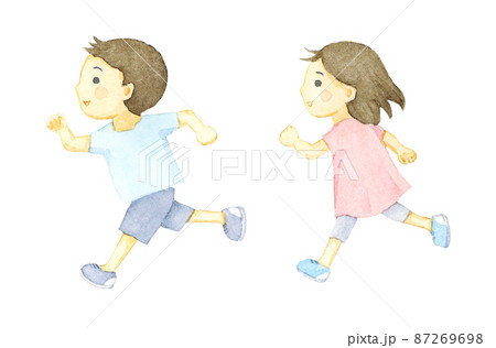 走る子供　横向き　水彩イラスト　アナログ手描き 87269698