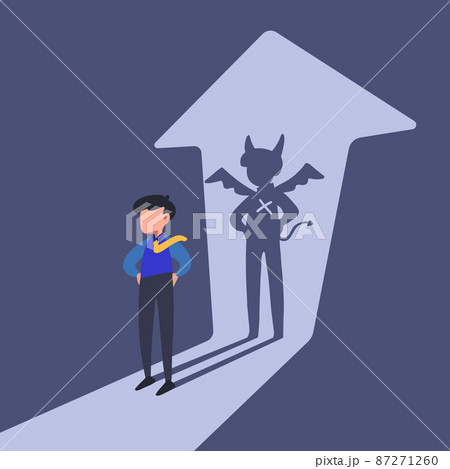 Business concept design businessman standing with demon shadow wall behind him. Bad business manager. Young worker with his own evil shadow. Business metaphor. Vector illustration flat cartoon style Business concept design businessman standing with demon shadow wall behind him. Bad business manager. Young worker with his own evil shadow. Business metaphor. Vector illustration flat cartoon style 87271260