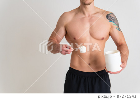 Fitness protein jars white on white background bodybuilder powder strong high hurt cramp person male stress, muscular Hold neck therapy, problem suffer attractive 87271543