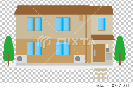 二世帯住宅を想定して建てた少し大きめの総二階一軒家のイラスト。自然・室外機・郵便ポスト・表札あり 87271836