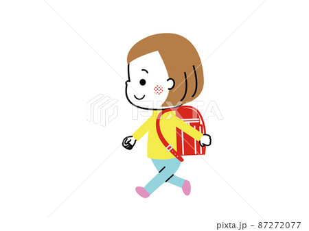 ランドセルを背負ってひとりで歩く小学生の女の子 赤いランドセルのイラスト素材