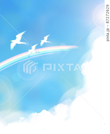 青空を飛ぶ鳥と虹のイラストのイラスト素材