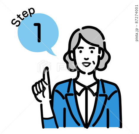 ステップ1 工程を説明するスーツを着たシニアの女性 ステップ1 工程を説明するスーツを着たシニアの女性 87274001