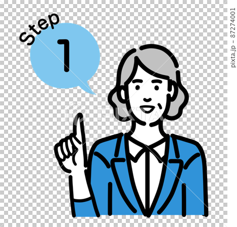 ステップ1 工程を説明するスーツを着たシニアの女性 ステップ1 工程を説明するスーツを着たシニアの女性 87274001