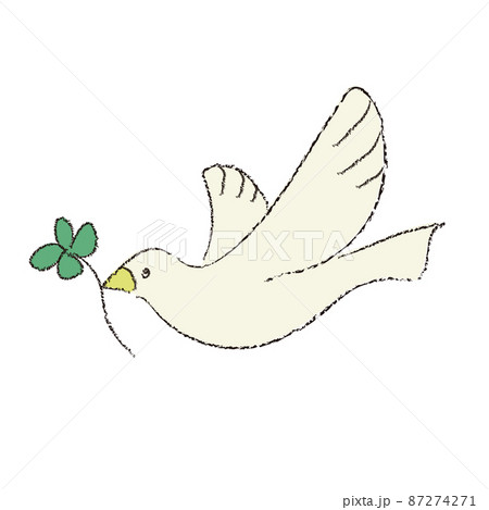四葉のクローバーをくわえる鳩のイラストのイラスト素材 [87274271